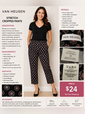 Van Heusen Black Cropped Ponte Pants with Pink & Cream Medallion Print